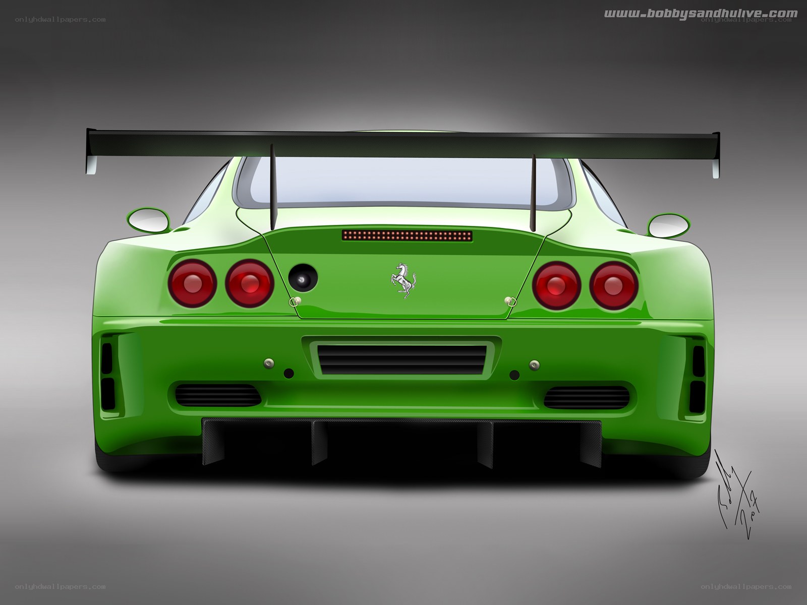 green ferrari race car rear view