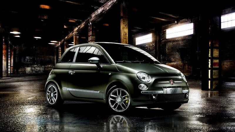 Green Fiat 500 in warehouse