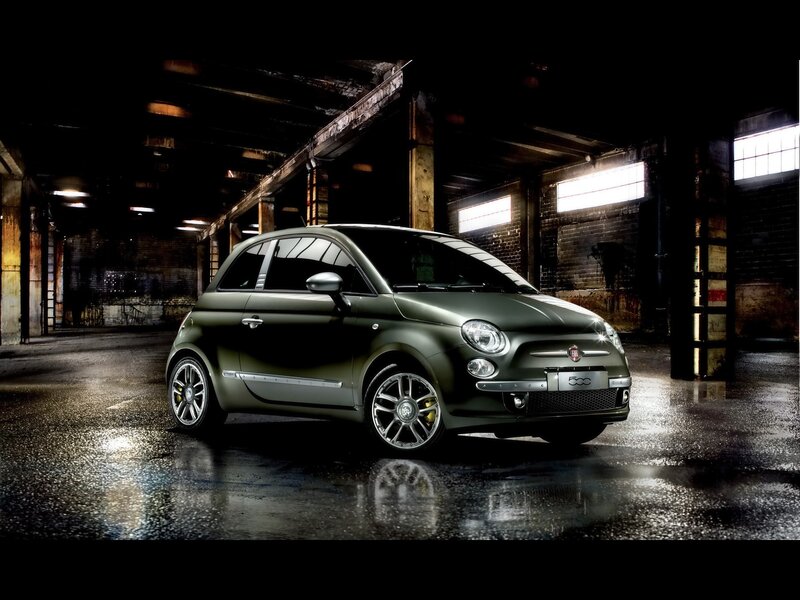 Green Fiat 500 in warehouse