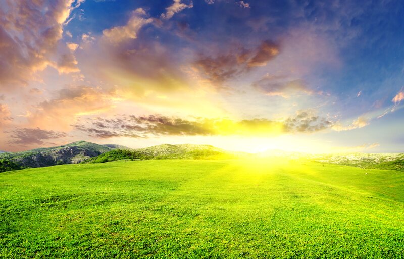 Green Field at Sunrise — Serene, Photograph, Mountains, Sky, Sun