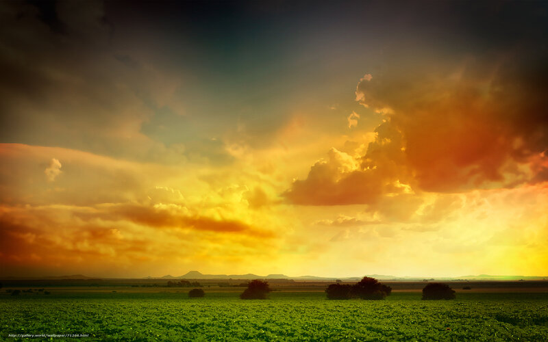 Green Field at Sunset — Dramatic, Photograph, Clouds