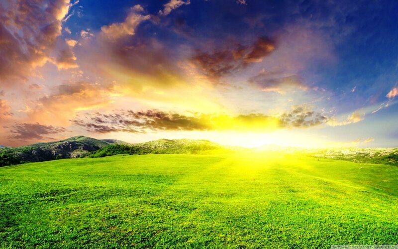 Green Field at Sunset — Dramatic, Photograph, Mountains