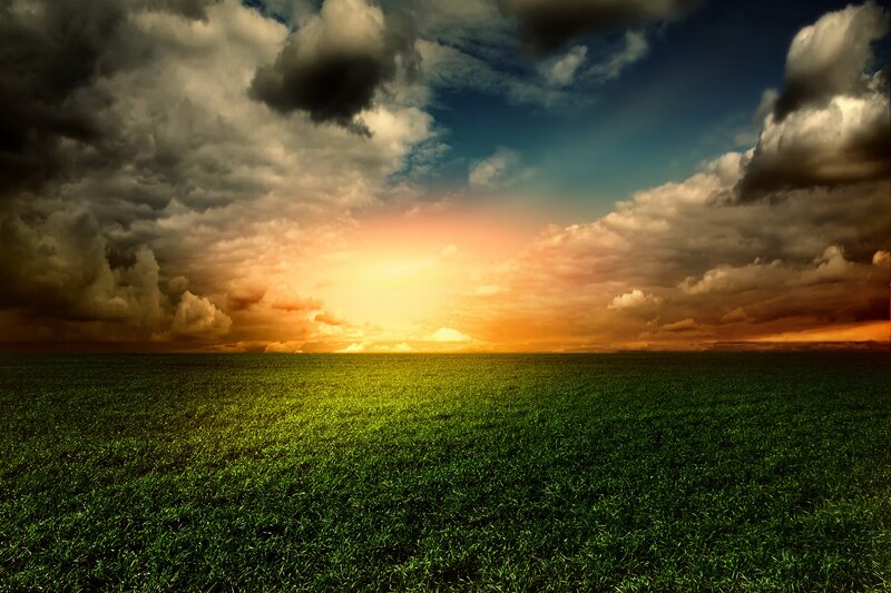 Green Field at Sunset — Dramatic, Photograph, Sky, Clouds, Sun