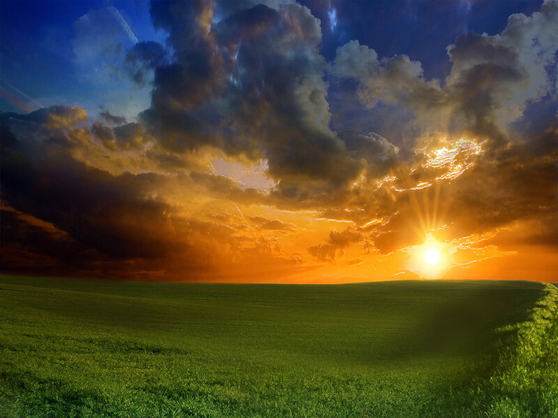 Green Field at Sunset — Dramatic, Photograph, Sun, Clouds, Orange