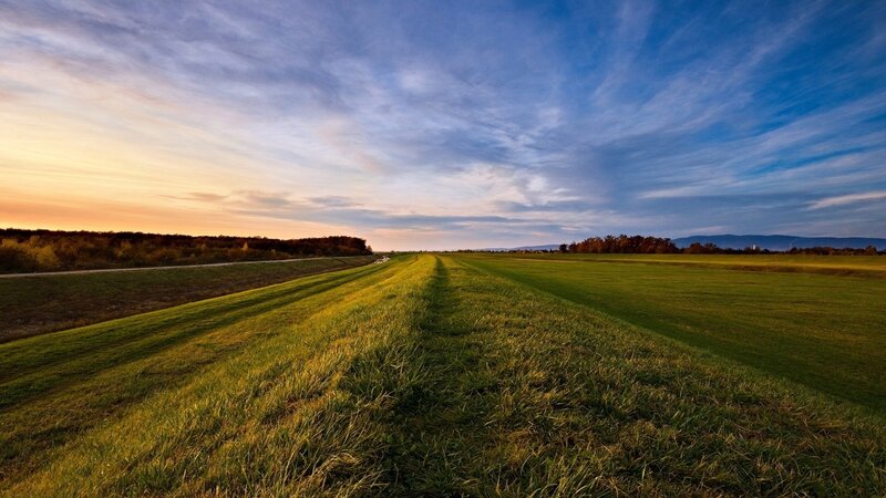 Green Field at Sunset — Serene, Photograph, Sky, Trees, Mountains