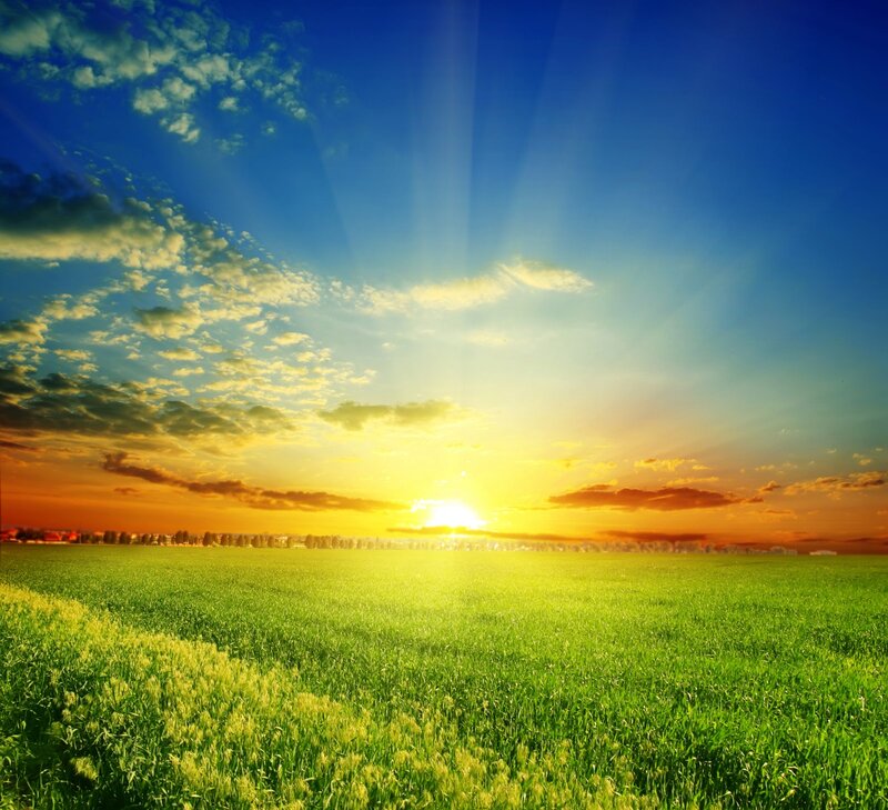 Green Field at Sunset — Serene, Photograph, Sun, Clouds