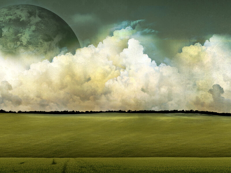 Green Field under Alien Planet — Dramatic, Digital Art