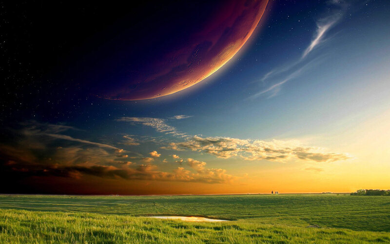 Green Field under Alien Planet — Dramatic, Sunset