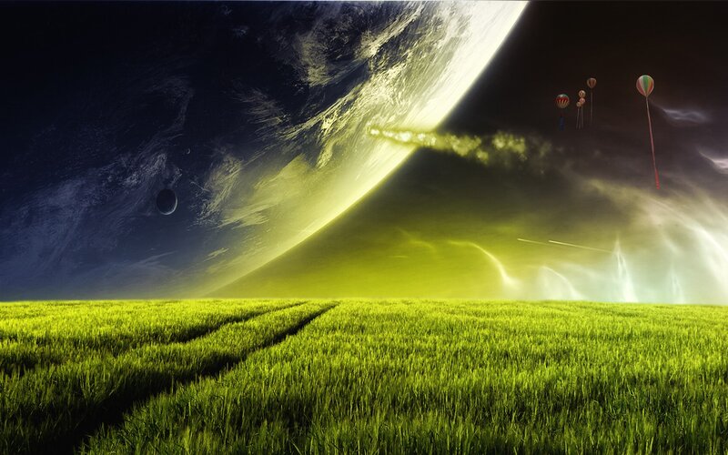 Green Field under Alien Planet — Dramatic