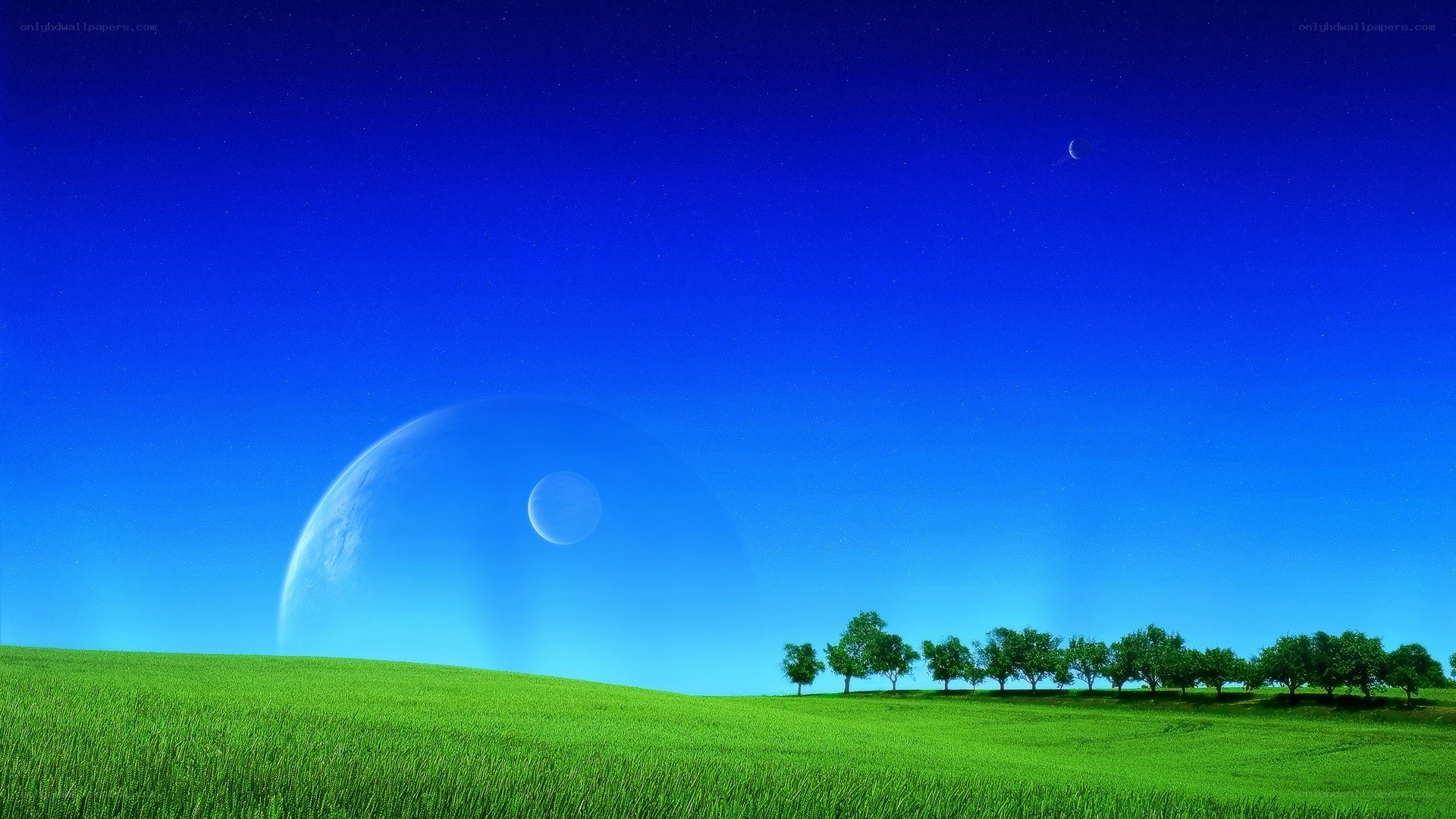 Green field under alien sky