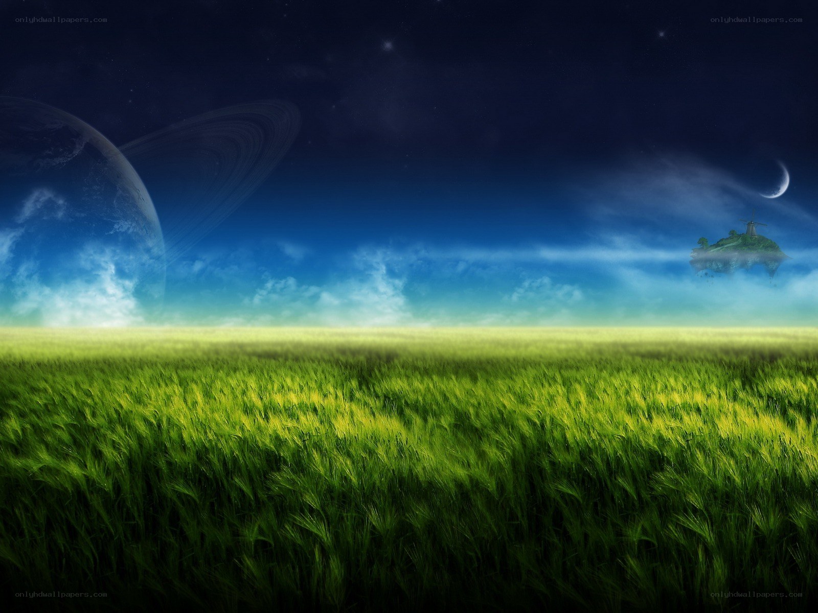 Green field under alien sky