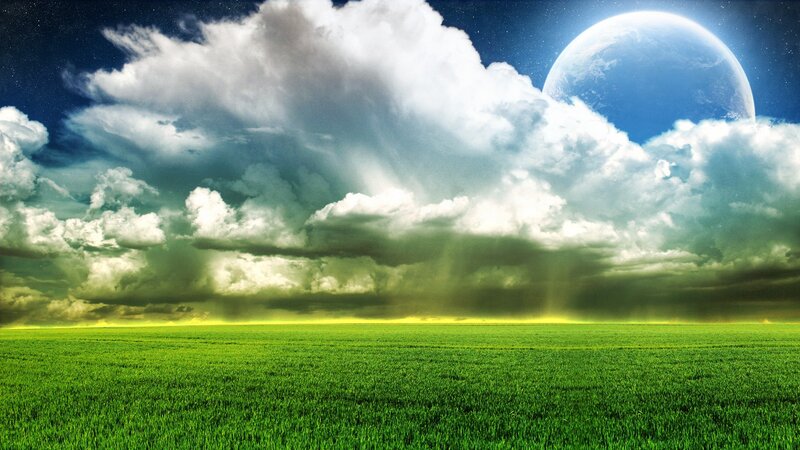 Green field under alien sky