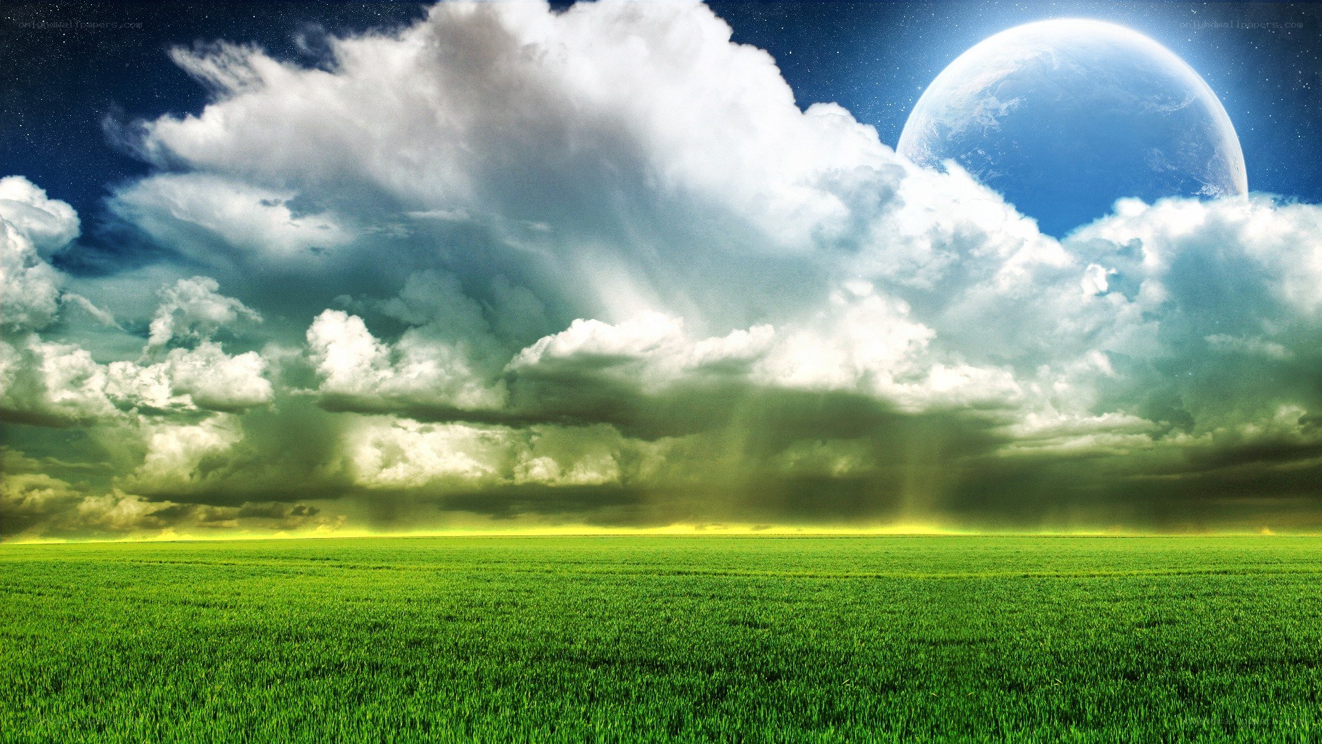 Green field under alien sky