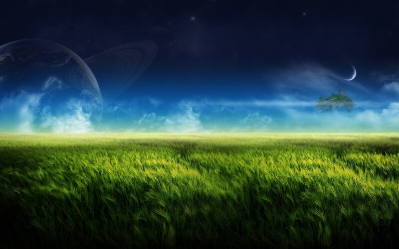 Green field under alien sky