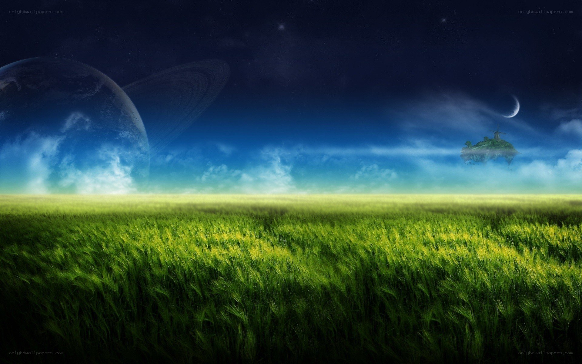 Green field under alien sky