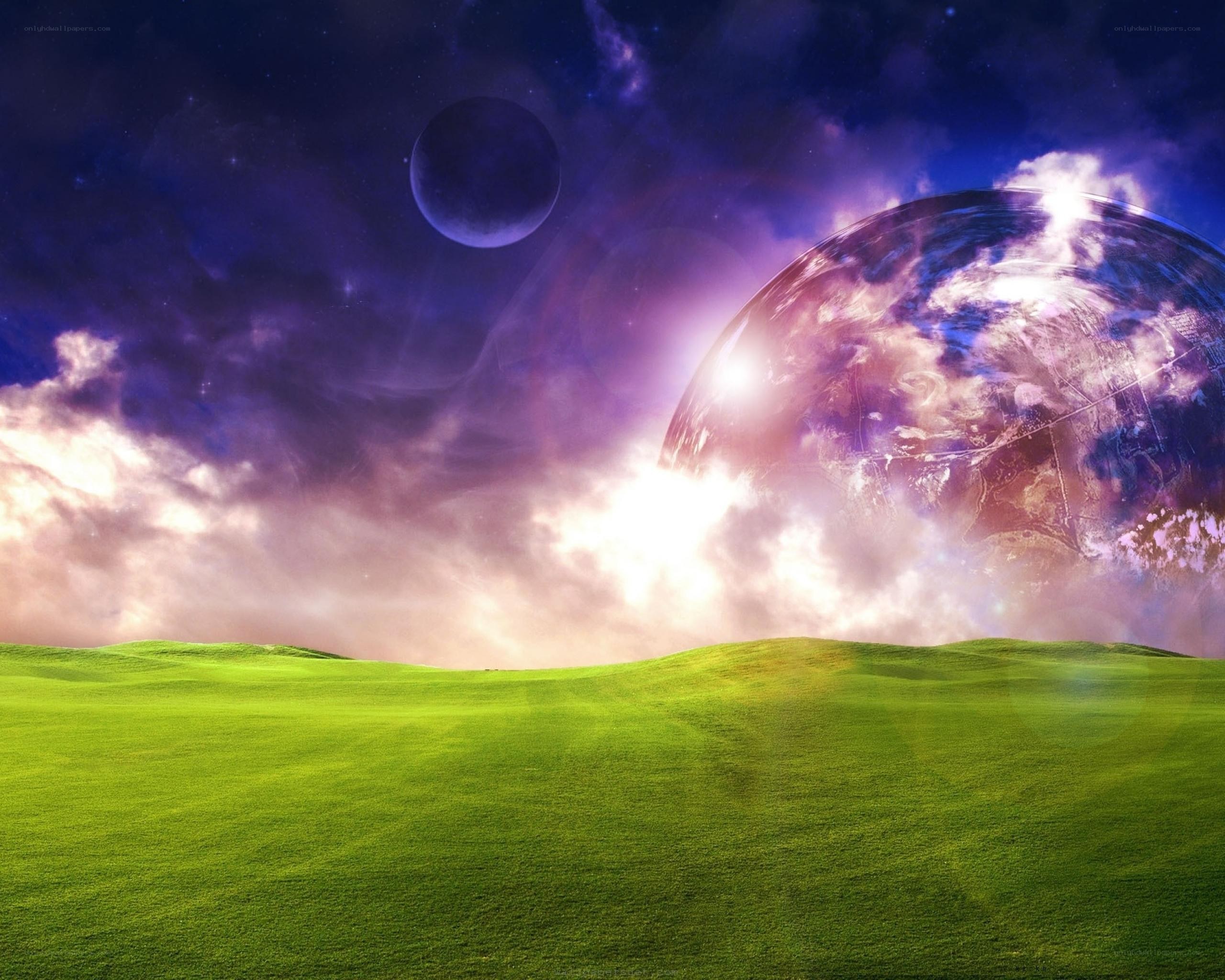 Green field under alien sky