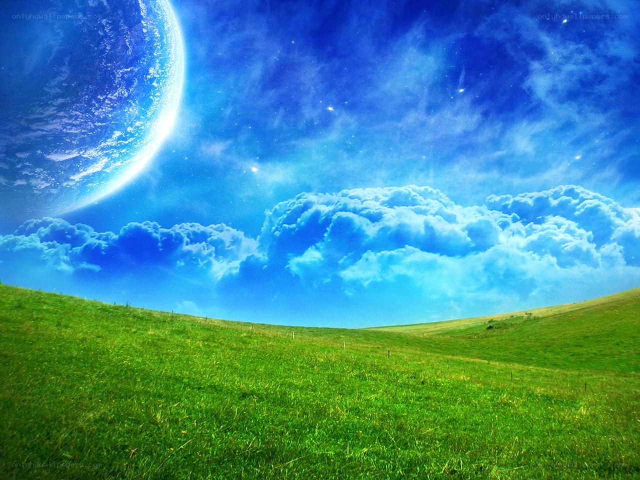 Green field under alien sky