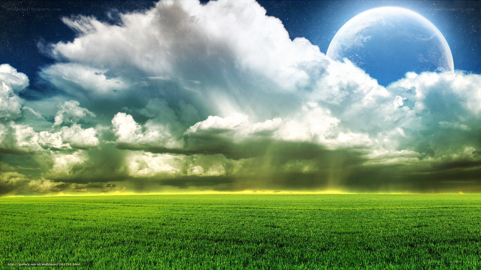 Green field under alien sky