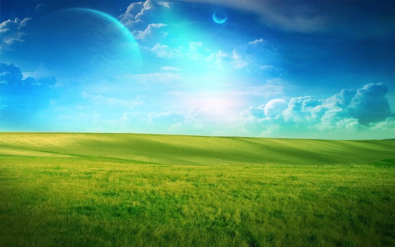 Green Field under Alien Sky — Serene, Morning, Digital Art, Planet, Moon