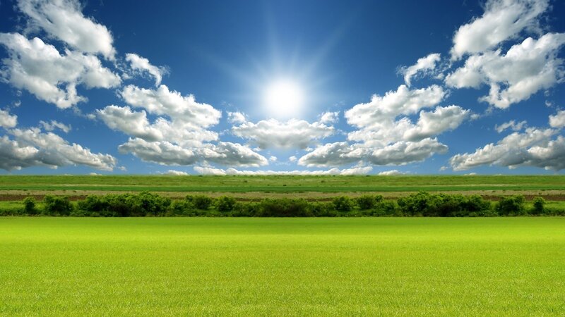 Green Field under Blue Sky — Photograph, Sun