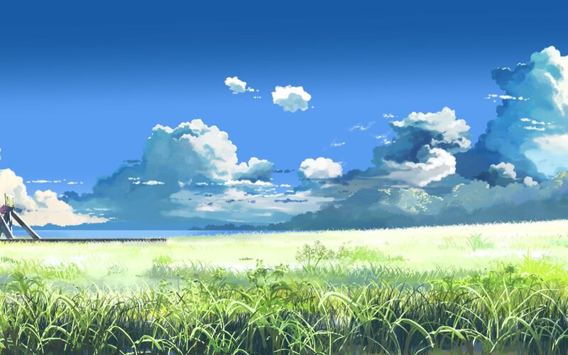 Green Field under Blue Sky — Serene, Afternoon, Anime, Clouds, Grass