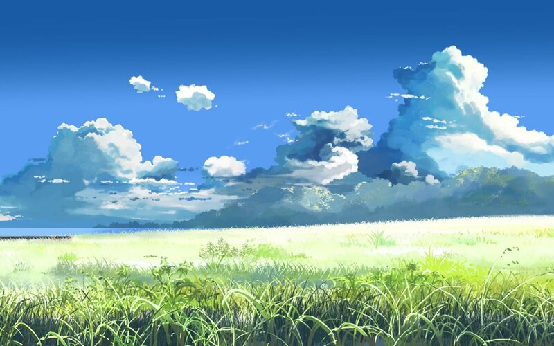 Green Field under Blue Sky — Serene, Afternoon, Anime, Clouds