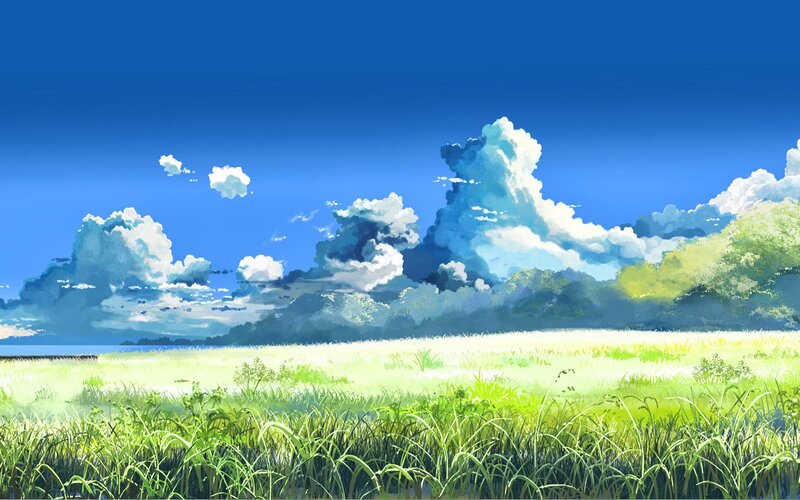 Green Field under Blue Sky — Serene, Afternoon, Anime, Clouds, Trees