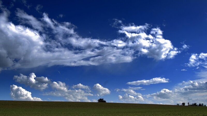 Green Field under Blue Sky — Serene, Afternoon, Photograph, Clouds, Tree