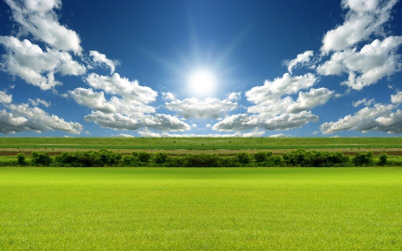 Green Field under Blue Sky — Serene, Afternoon, Photograph, Sun, Clouds, Hills, White