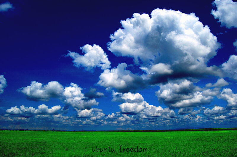 Green Field under Clouds — Blue, Serene, Afternoon, Photograph, Sky, White, Ubuntu Freedom