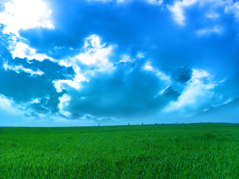 Green Field under Cloudy Sky — Blue, Dramatic