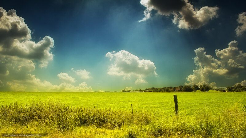 Green Field under Cloudy Sky — Dramatic, Afternoon, Photograph, Clouds, Fence Post