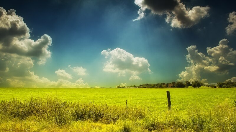 Green Field under Cloudy Sky — Dramatic, Afternoon, Photograph, Clouds, Post