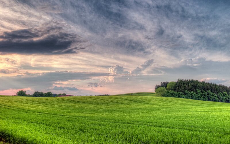Green Field under Cloudy Sky — Dramatic, Sunset, Photograph, Clouds, Trees, Hills