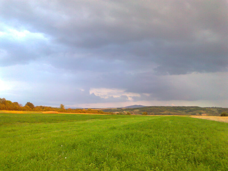 Green Field under Cloudy Sky — Dramatic