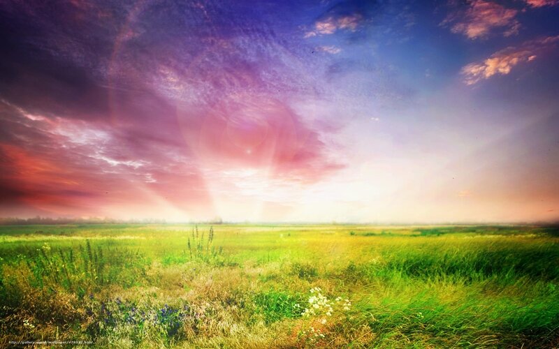 Green Field under Colorful Sky — Dramatic