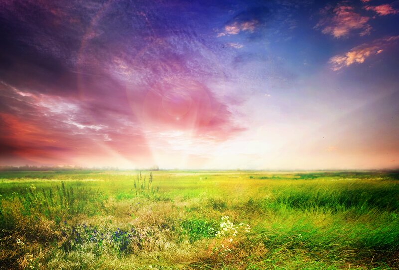 Green Field under Colorful Sky