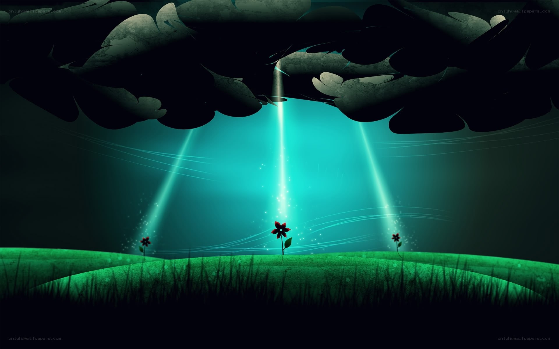 green field under glowing beams