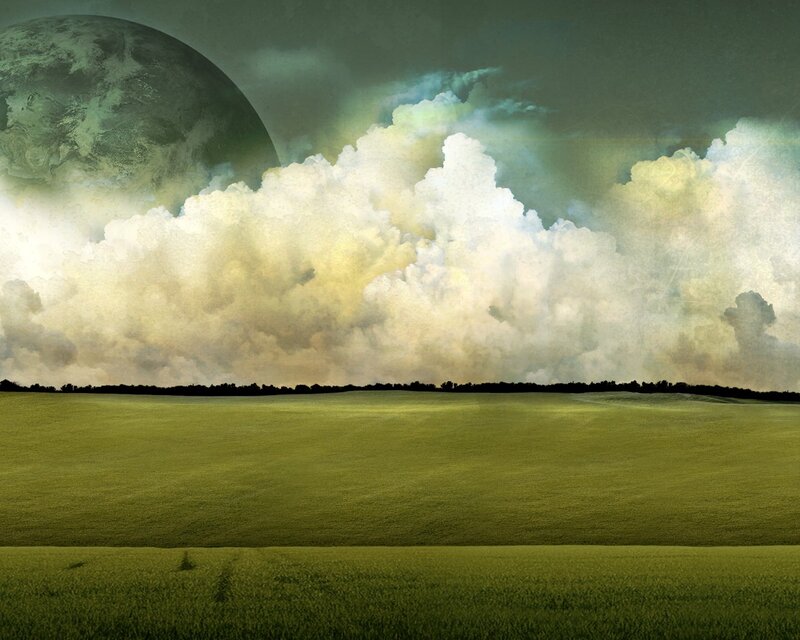 Green Field under Planet — Dramatic, Digital Art