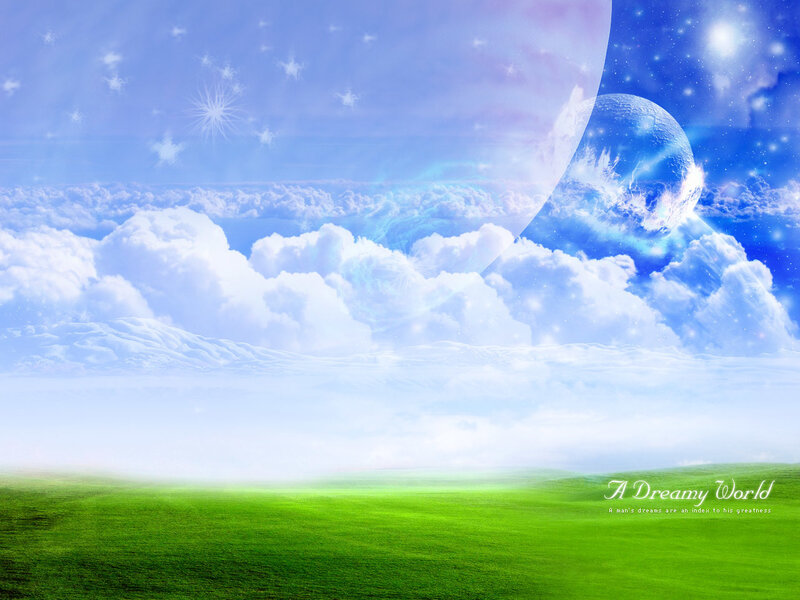 Green Field under Sky — Serene, Digital Art, Clouds, Planets