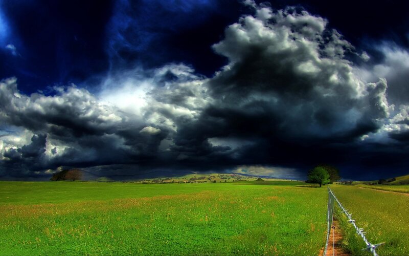 Green Field under Storm Clouds — Dramatic, Afternoon