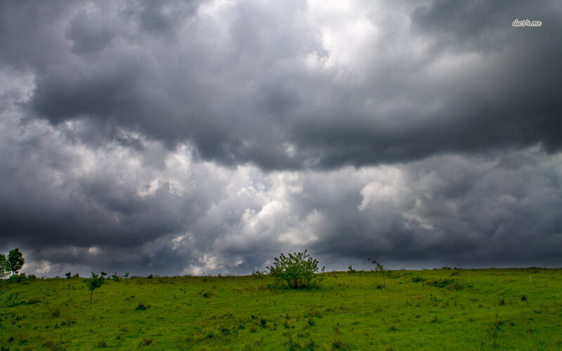 Green Field under Storm Clouds — Dramatic, Photograph