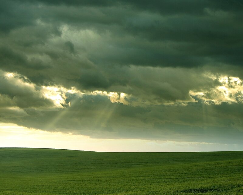 Green Field under Storm Clouds — Dramatic, Sunset, Photograph