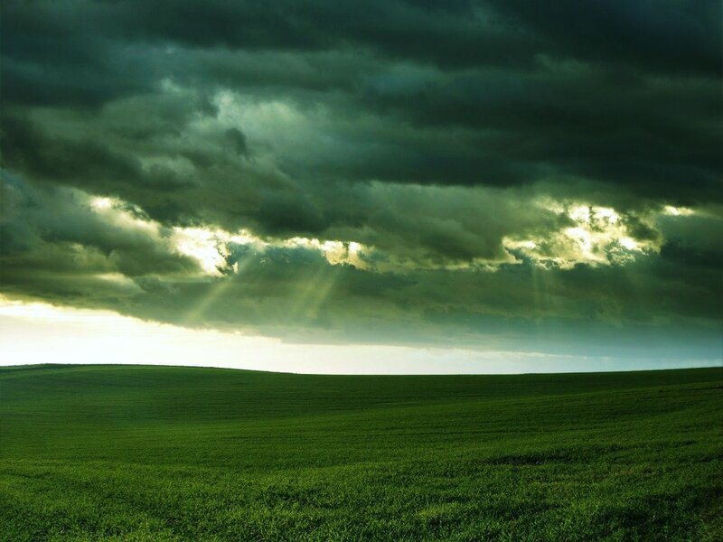 Green field under stormy sky