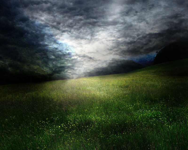 Green Field under Stormy Sky — Dramatic, Afternoon, Photograph, Grass