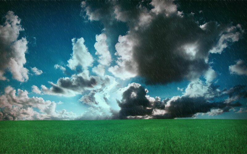Green Field under Stormy Sky — Dramatic, Photograph
