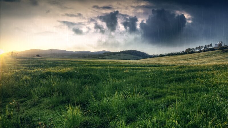 Green Field under Stormy Sky — Dramatic, Sunrise, Photograph, Rain, Mountains