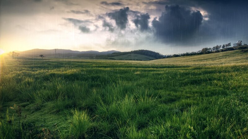 Green Field under Stormy Sky — Dramatic, Sunrise, Photograph, Rain