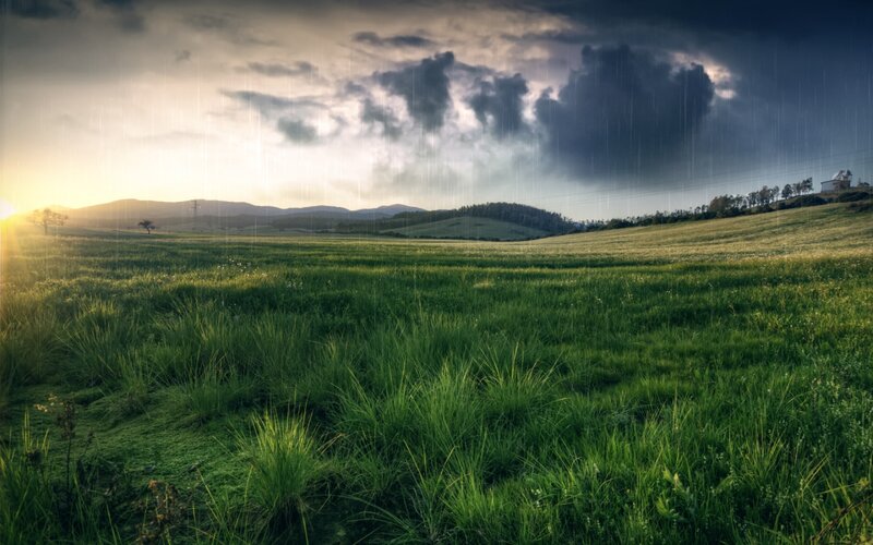 Green Field under Stormy Sky — Dramatic, Sunrise, Photograph