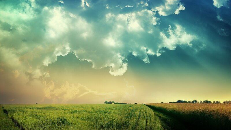Green Field under Stormy Sky — Dramatic, Sunset, Photograph, Clouds, Path